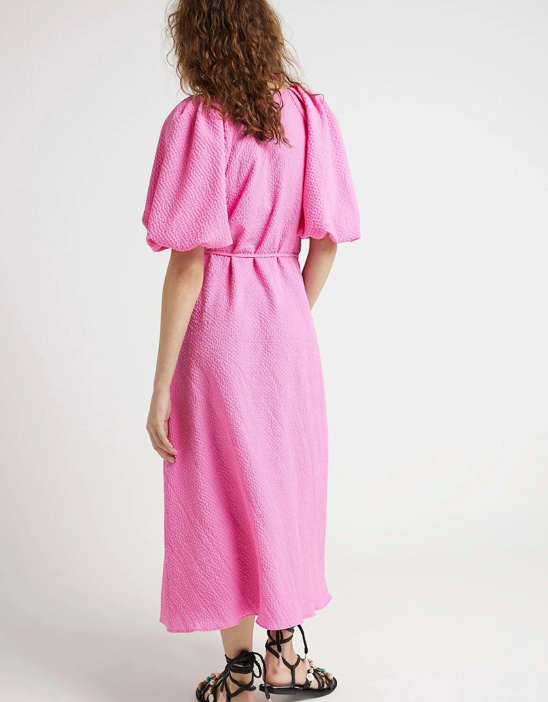 Puff Sleeve Belted Dress - Medium Pink