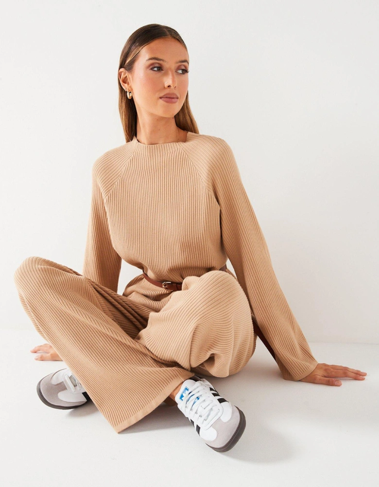 Knitted Ribbed Wide Leg Co-ord Trousers - 