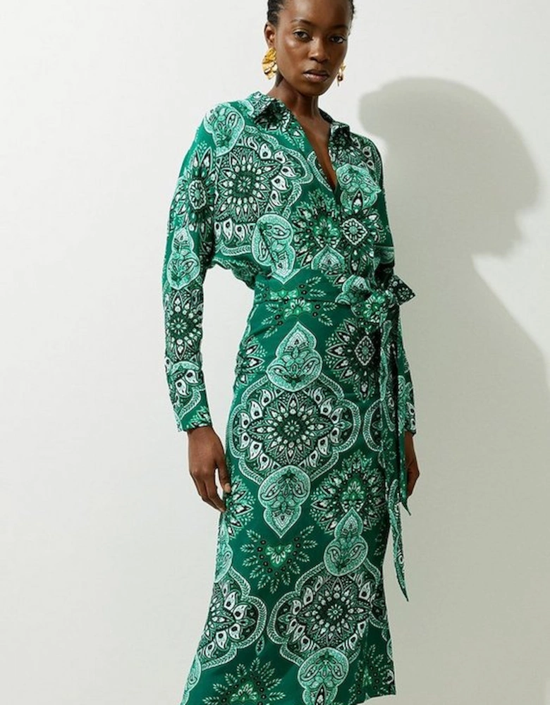 Paisley Printed Morocain Woven Midi Shirt Dress