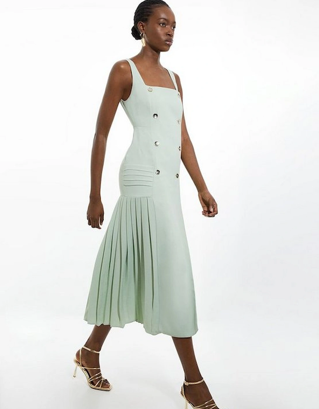 Pleated Button Detail Strappy Woven Midi Dress, 4 of 3