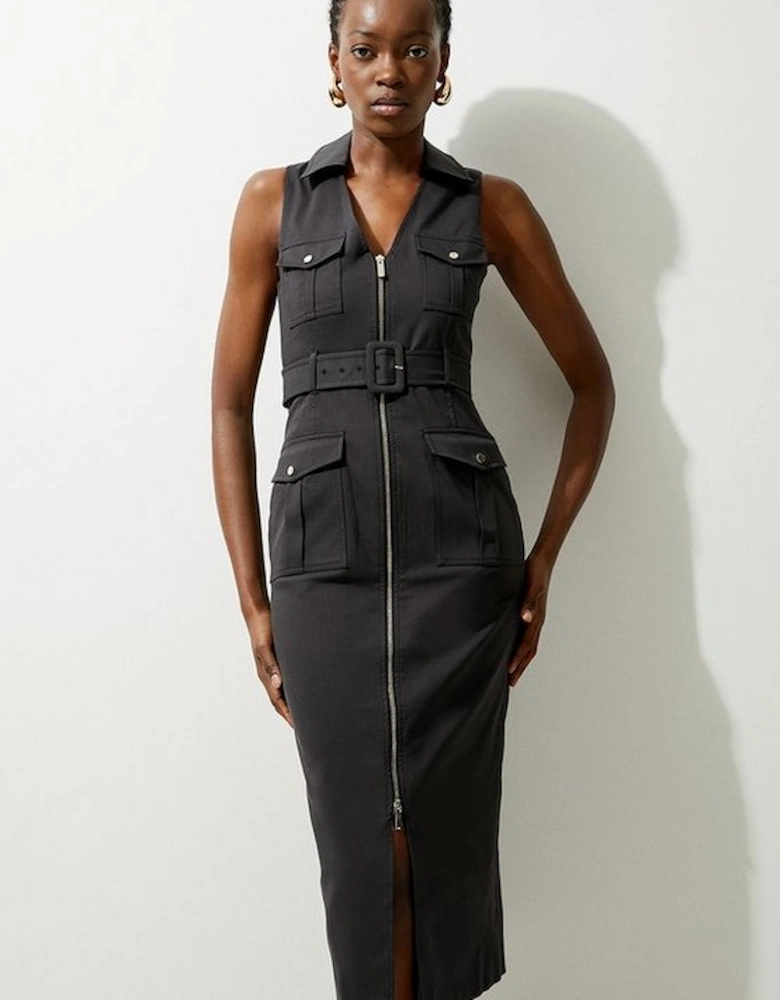 Tailored Cotton Belted Cargo Pocket Midi Shirt Dress