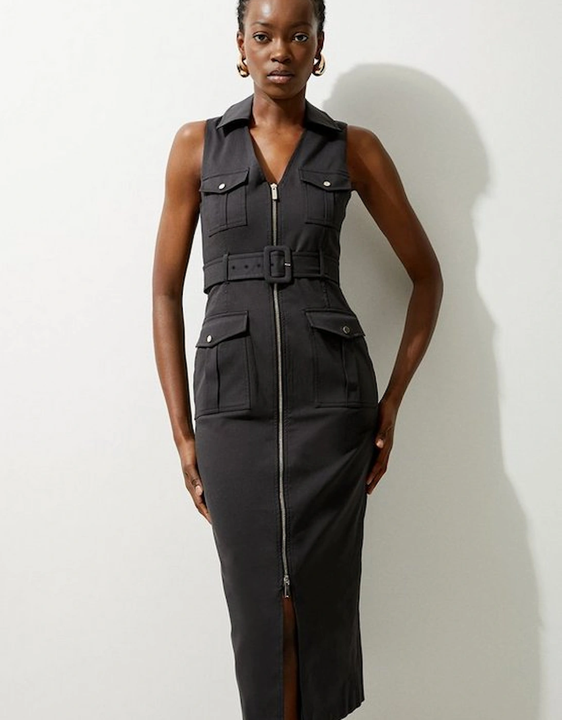Tailored Cotton Belted Cargo Pocket Midi Shirt Dress, 4 of 3