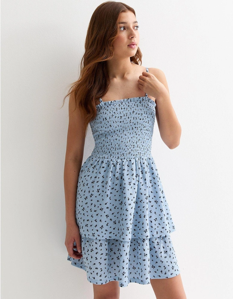Girls Blue Floral Ditsy Print Shirred Mini Dress