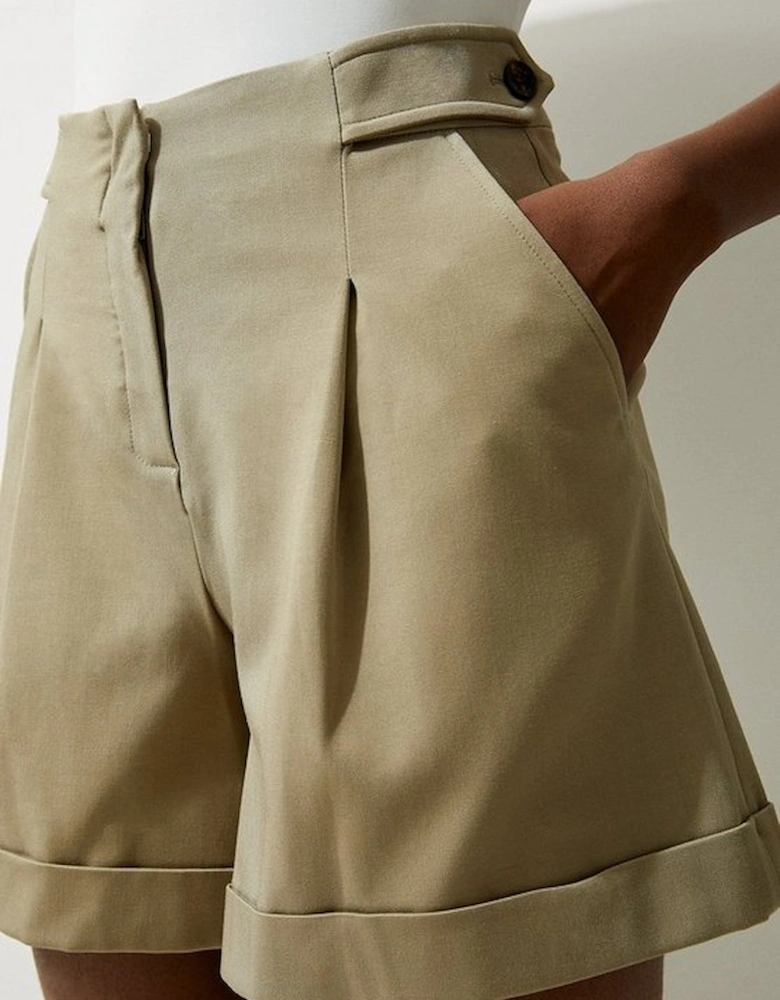 Viscose Stretch Cotton Waist Tab Detail Tailored Shorts