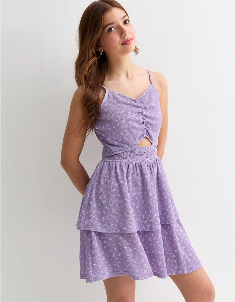 Girls Lilac Ditsy Floral Textured Strappy Ruched Dress