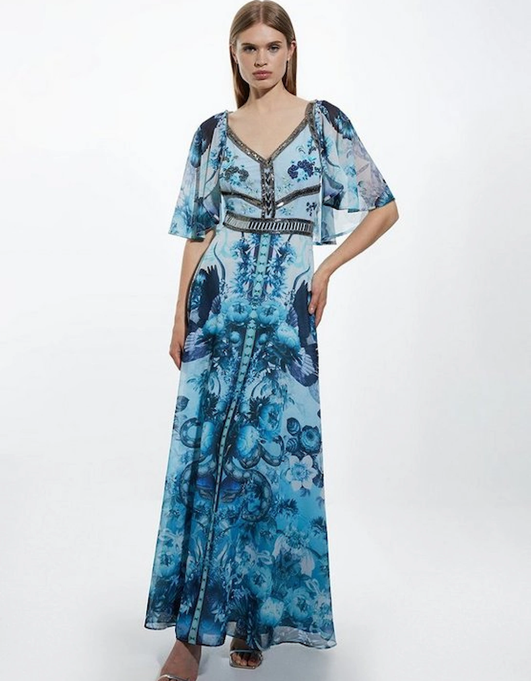 Mirrored Floral Bead And Embroidered Woven Maxi with Detachable Cape, 4 of 3
