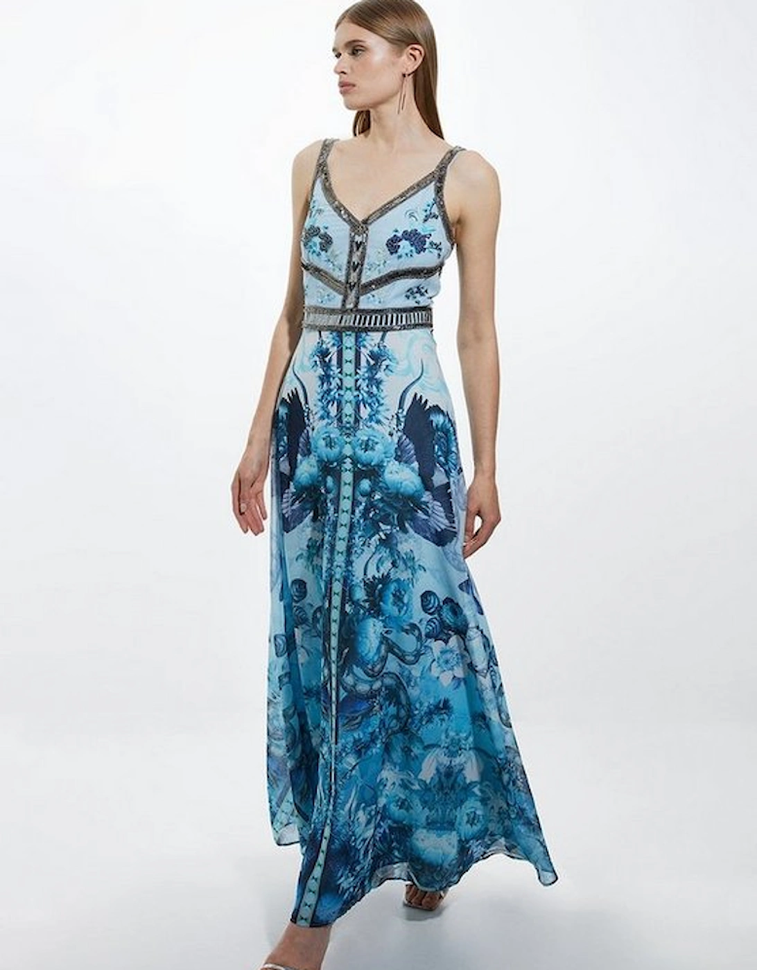 Mirrored Floral Bead And Embroidered Woven Maxi with Detachable Cape