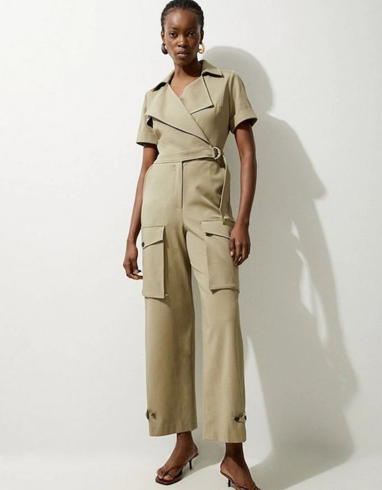 Tailored Cotton Stretch Belted Wide Leg Shirt Jumpsuit
