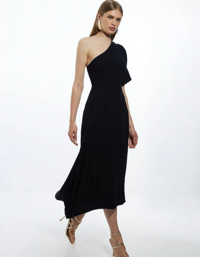 Fluid Tailored One Shoulder Asymmetric Drape Midi Dress