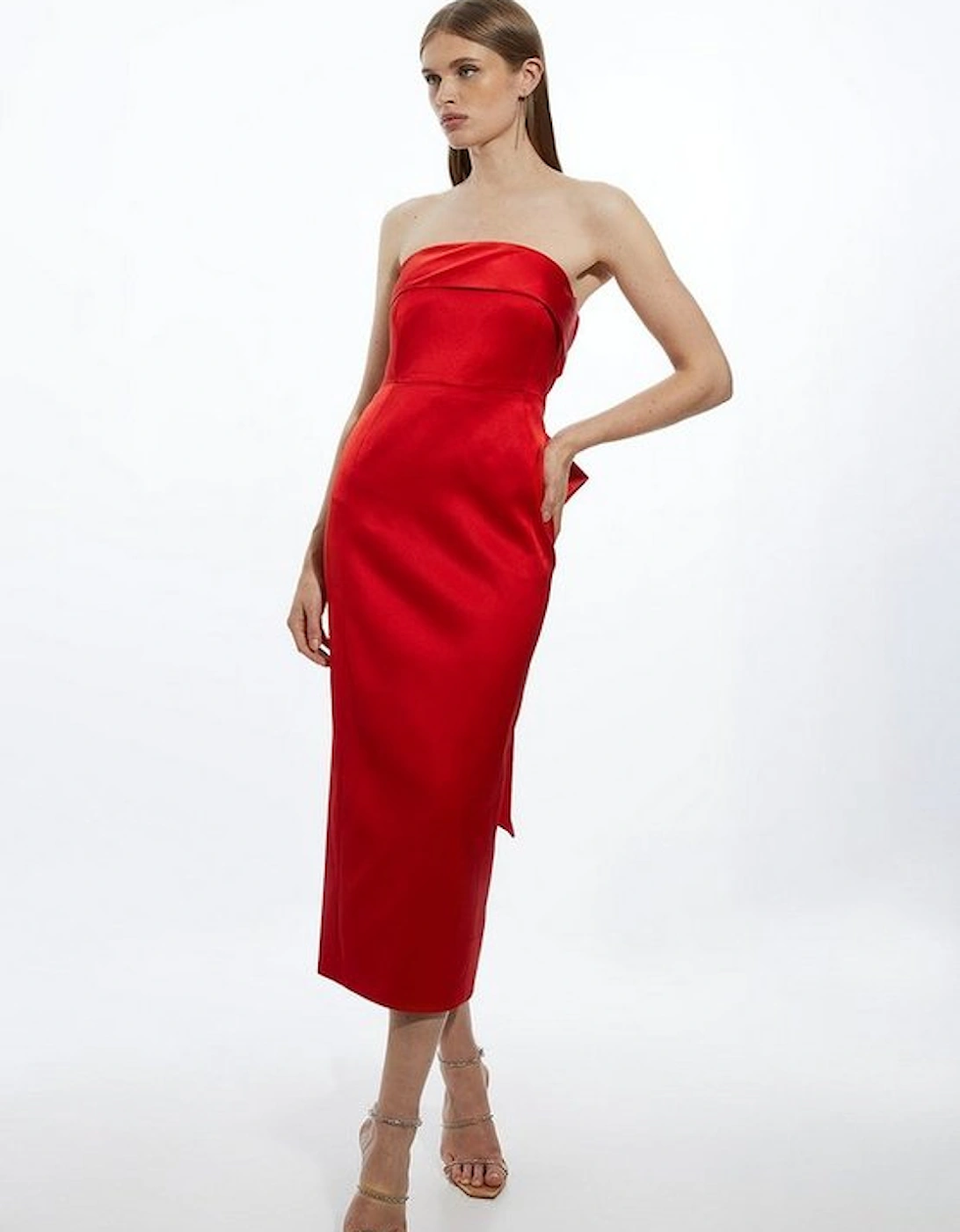Tailored Italian Satin Bandeau Structured Bow Detail Midi Dress