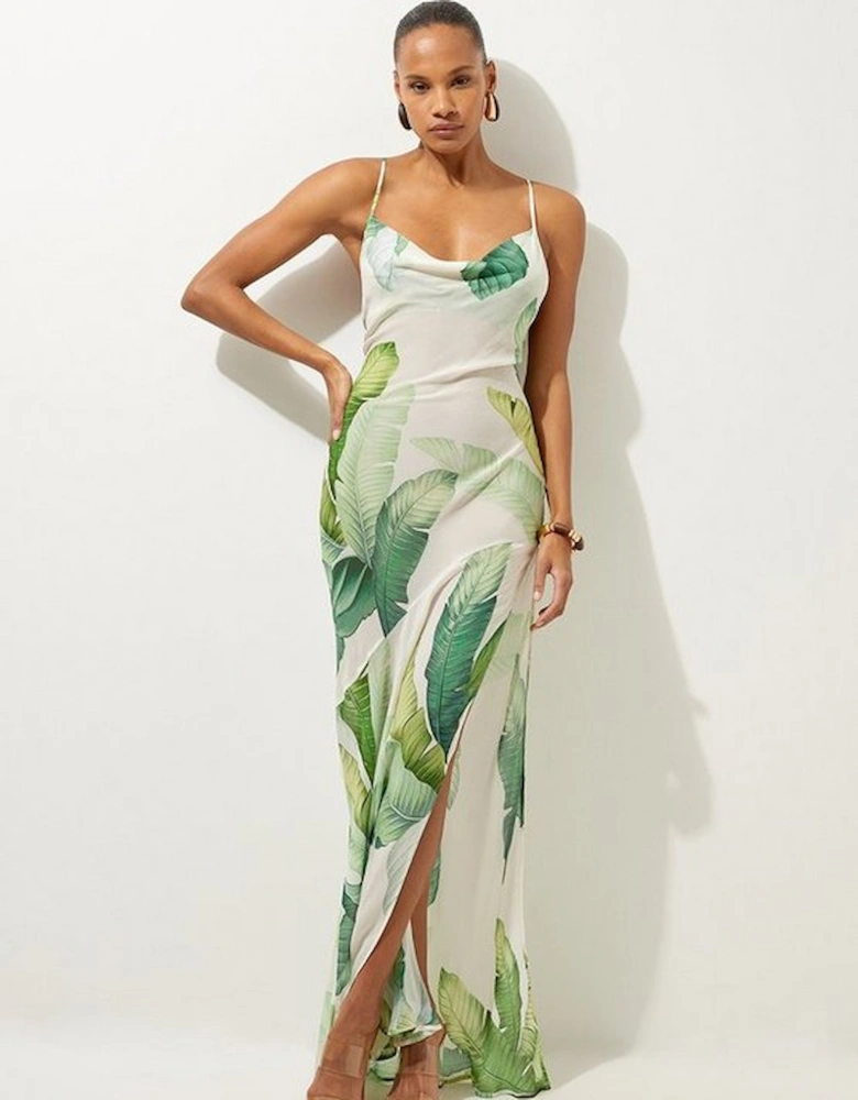 Tropical Palm Print Beach Strappy Maxi Dress