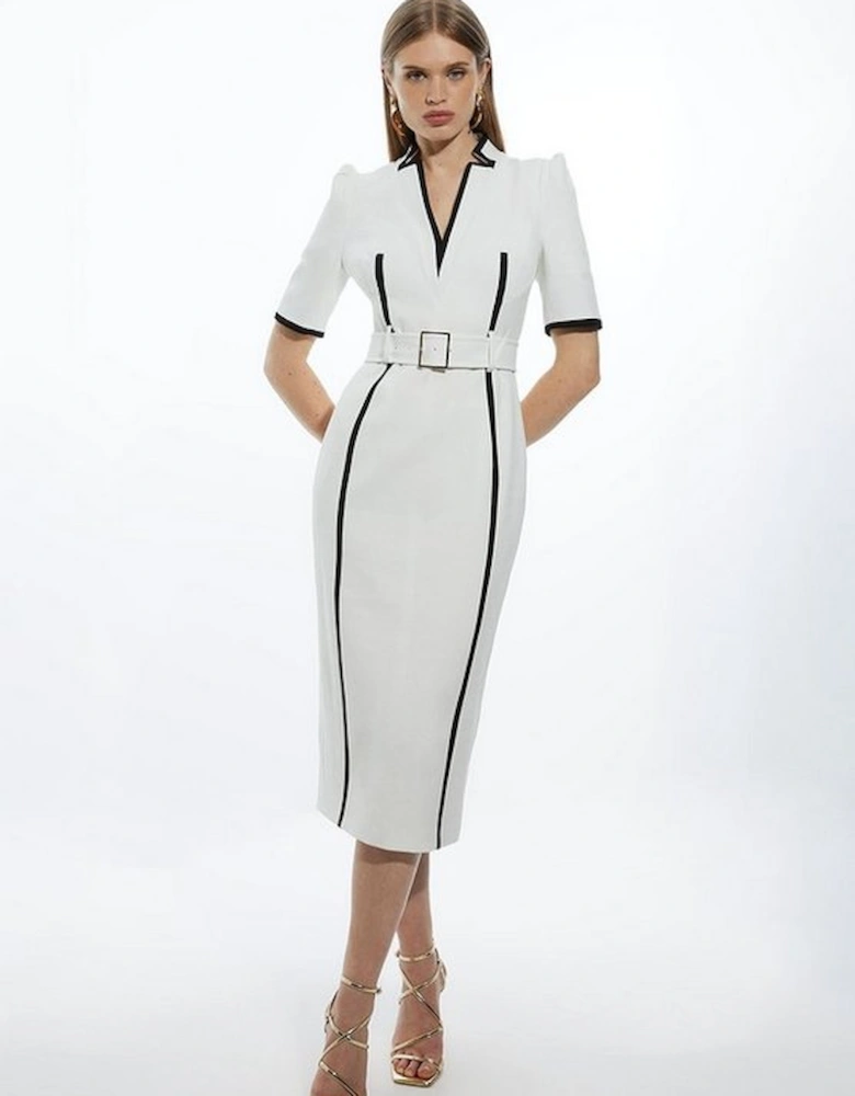 Compact Stretch Contrast Tipped Forever Belted Tailored Midi Dress