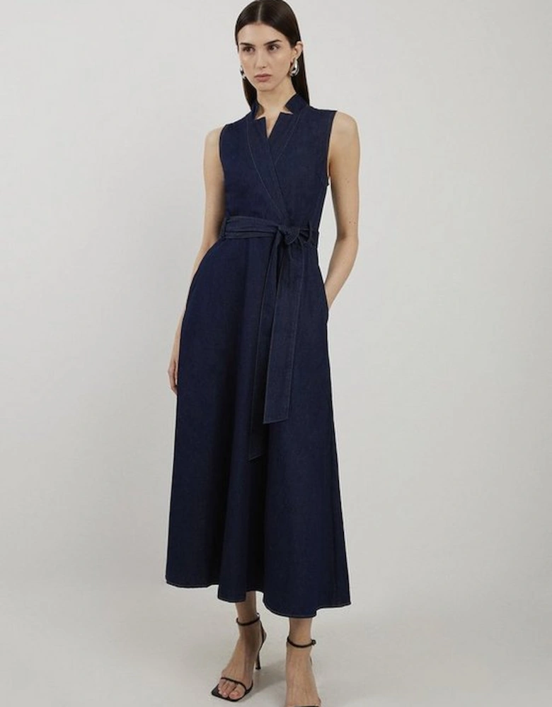 Denim Tailored Notch Neck Belted Fluid Midi Dress