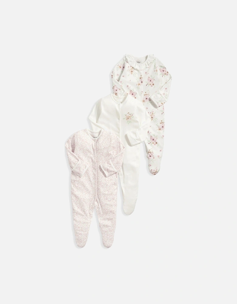 Baby Girls 3 Pack Watercolour Flowers Sleepsuits - Pink
