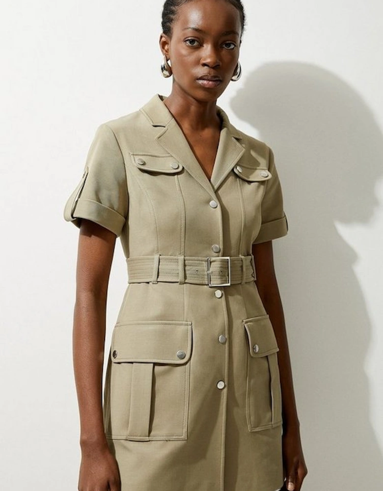 Viscose Cotton Stretch Pocketed Belted Tailored Mini Shirt Dress
