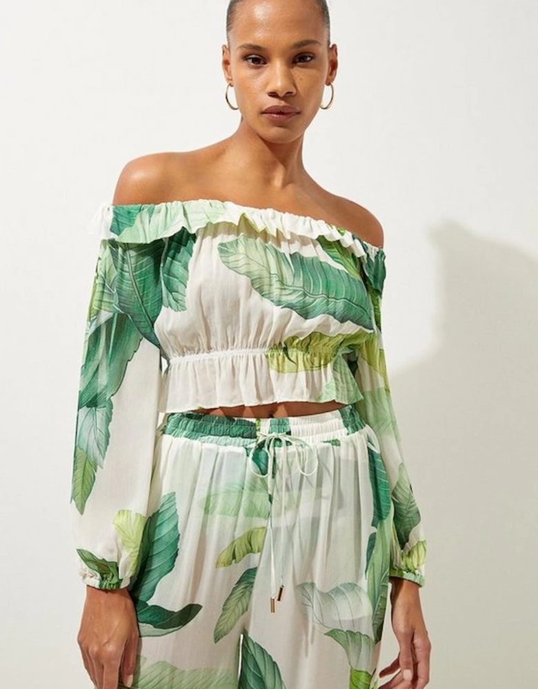 Tropical Palm Print Off The Shoulder Beach Top