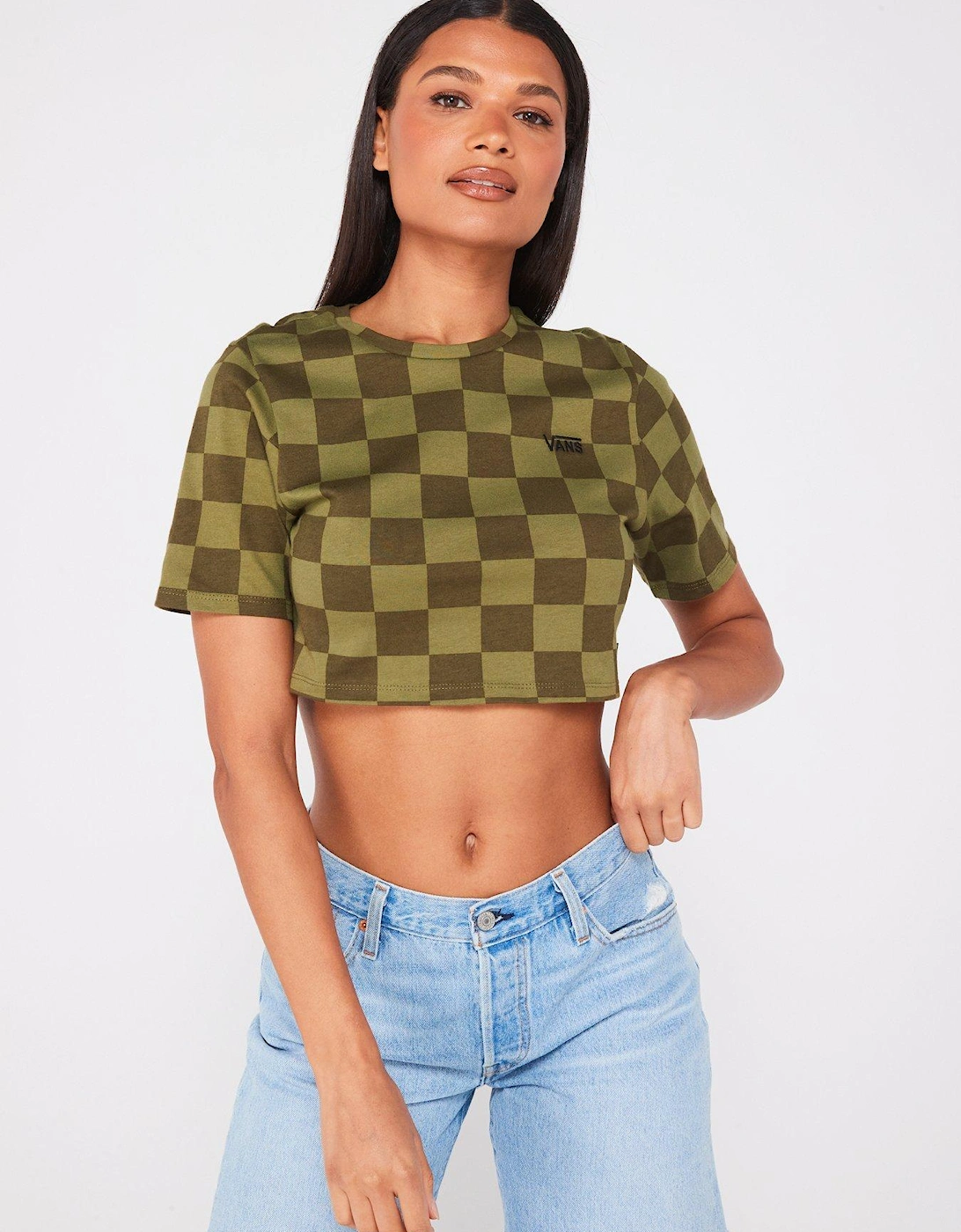 Womens Checker Crew Crop T-Shirt - Green, 5 of 4