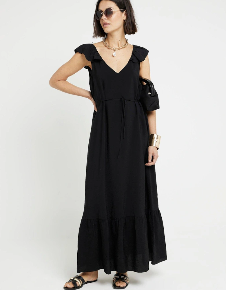 Frilly Belted Maxi Dress - Black