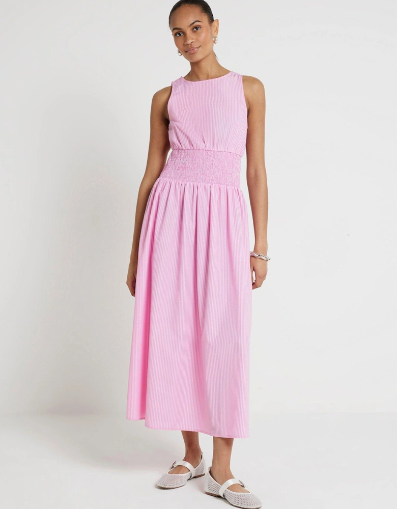 Shirred Waist Midi Dress - Pink