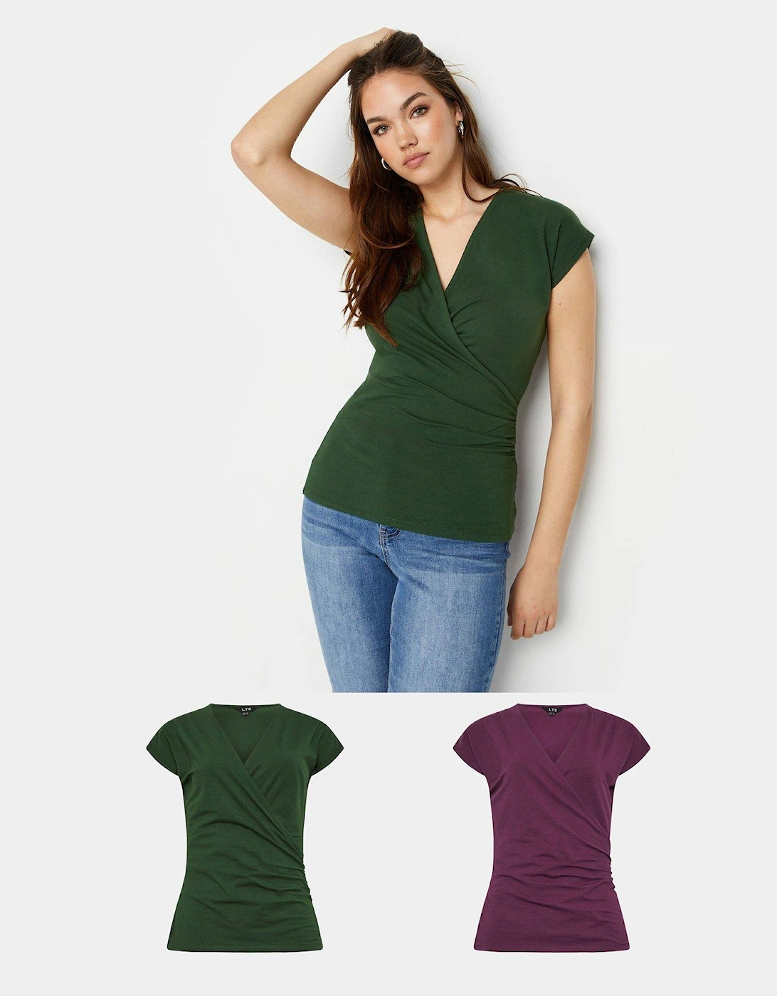 Tall 2 Pack Grown On Sleeve Wrap Top Green/berry, 2 of 1