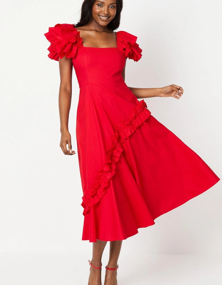 Frill Sleeve Ruffle Skirt Cotton Midi Dress