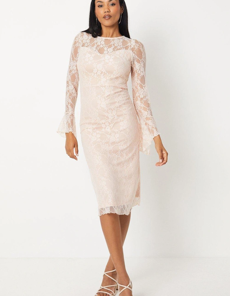 Lace Midi Dress With Flare Sleeve