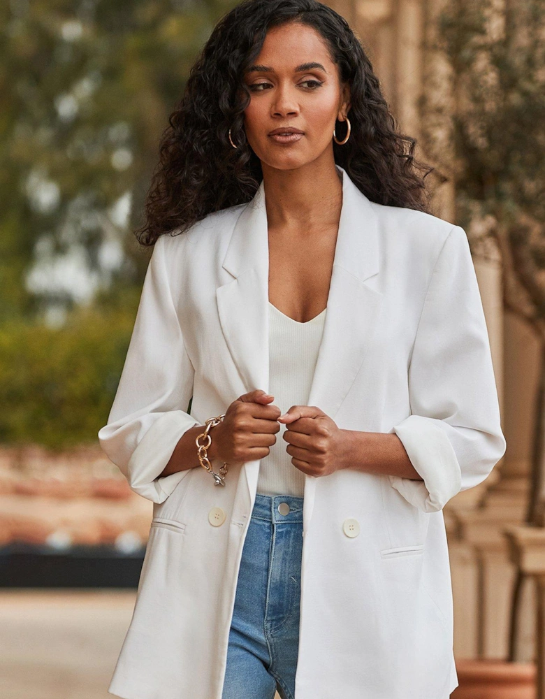 Linen Look Relax Roll Sleeve Double Breasted Blazer