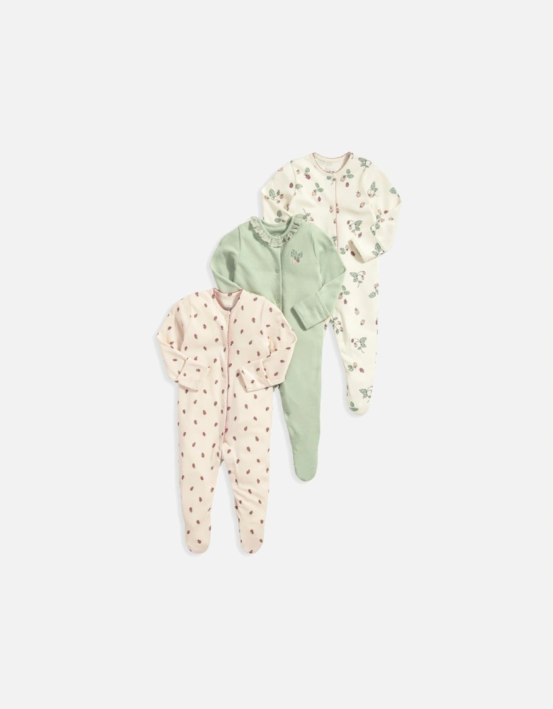 Baby Girls 3 Pack Strawberry Sleepsuits - Pink