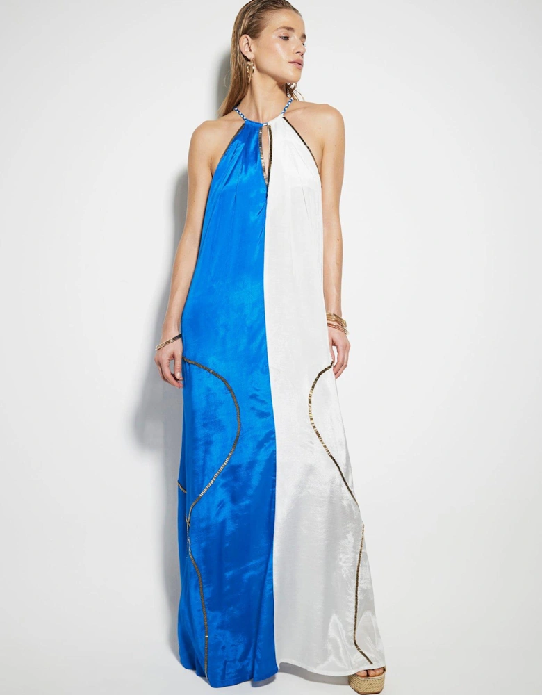 Colour Block Halterneck Maxi Dress - Blue