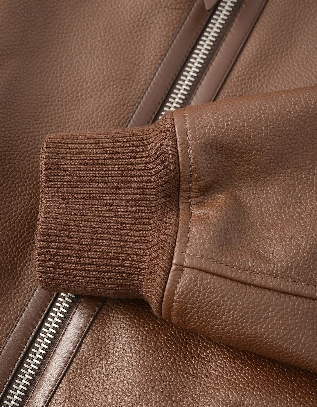 Tumbled Grain Leather Track Bomber Brown