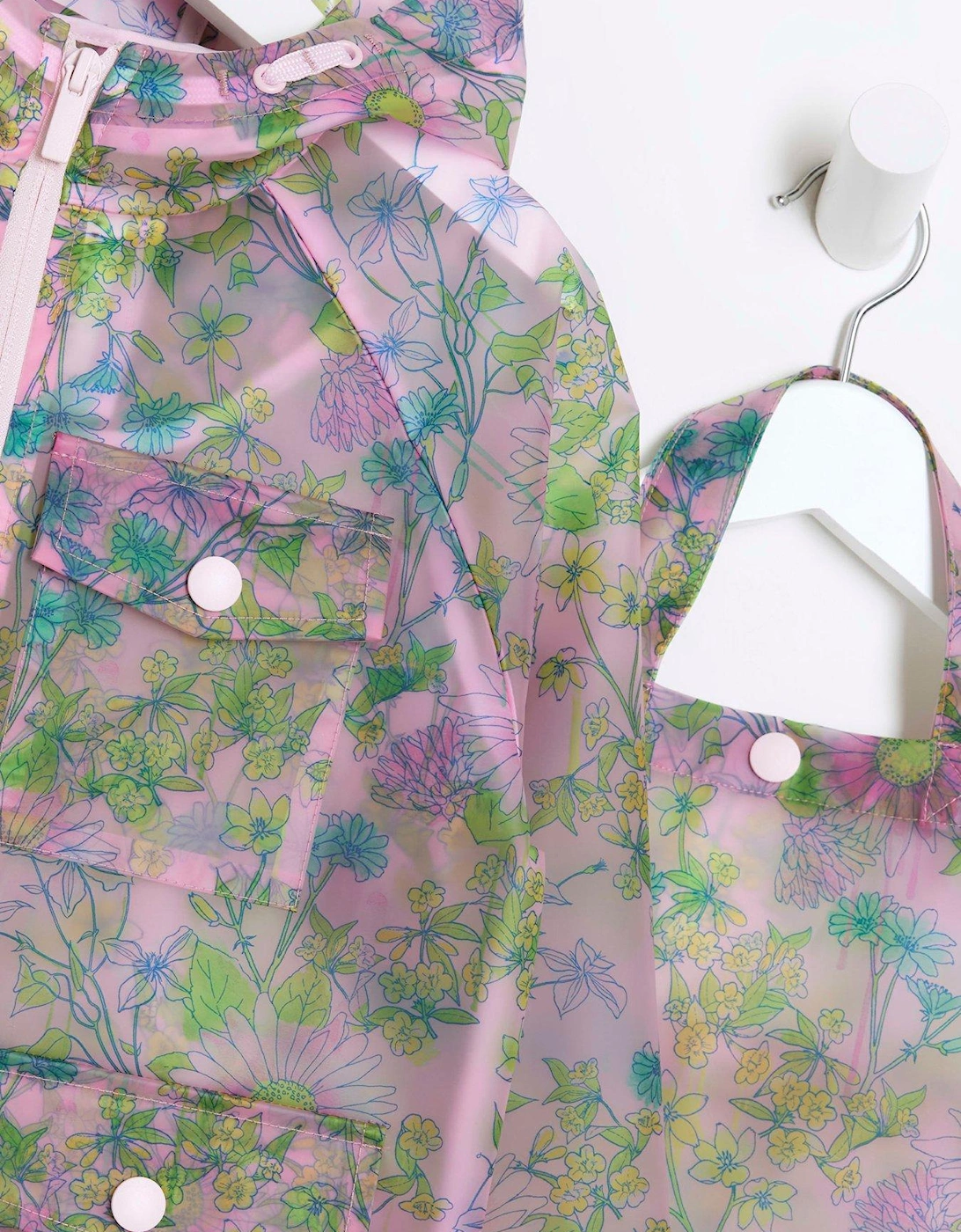 Mini Girls Floral Rain Coat And Bag Set - Pink