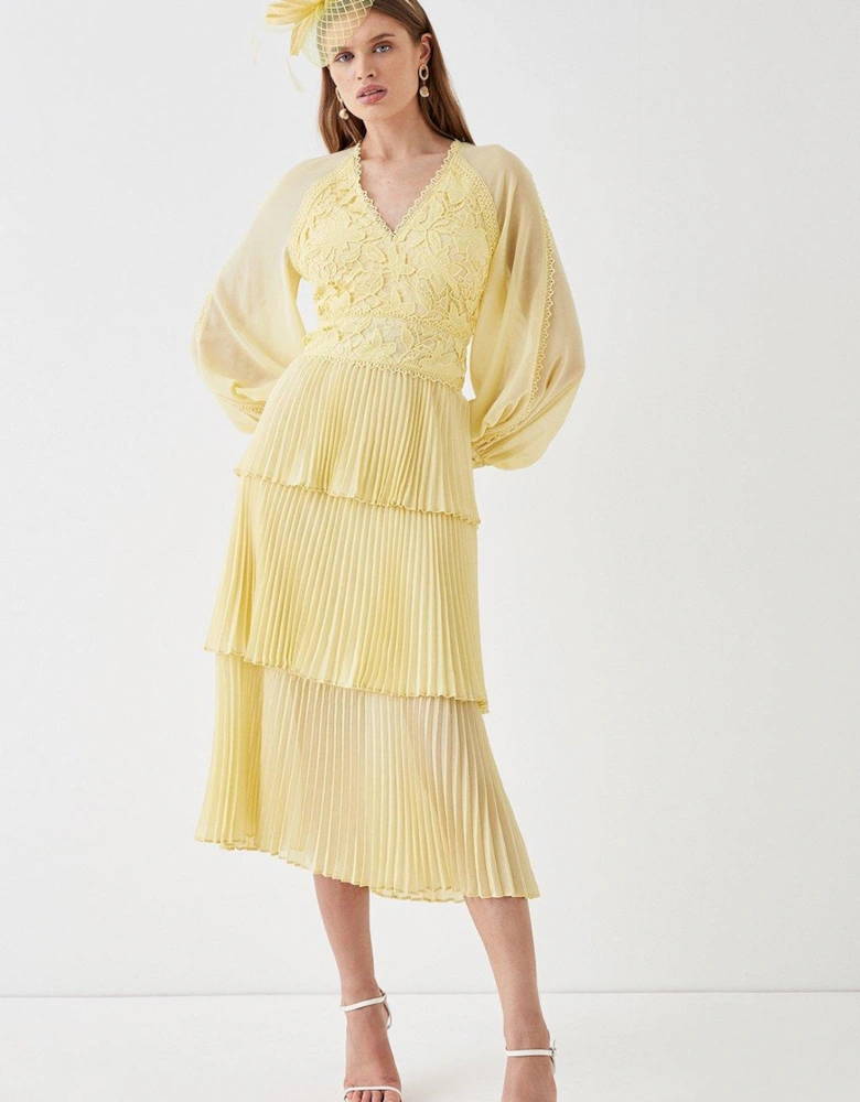 Georgette Lace Tiered Midi Dress With Blouson Sleeve