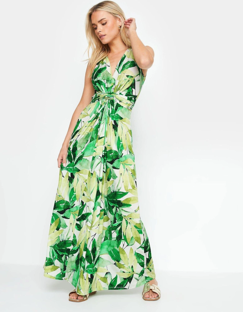 Petite Green Tropical Print Knot Front Maxi Dress - Green