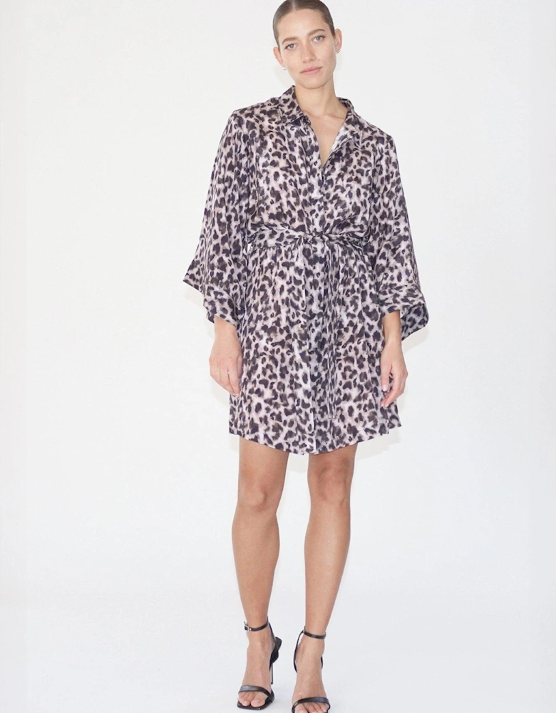 Tunic Leopard Print Kimono Sleeve Shirt Dress - Brown