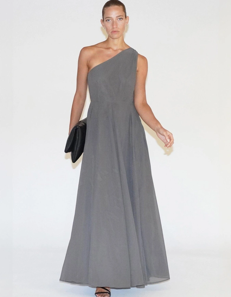 One Shoulder Full Skirt Maxi Dress - Grey