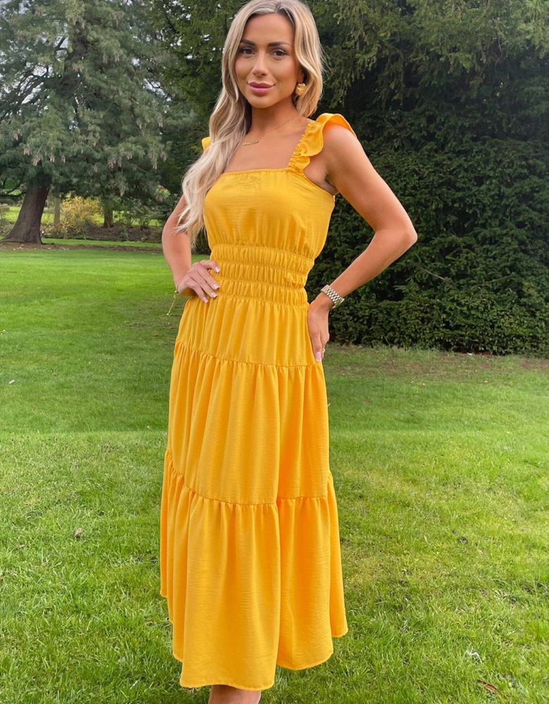 Yellow Frill Strap Tiered Midi Dress