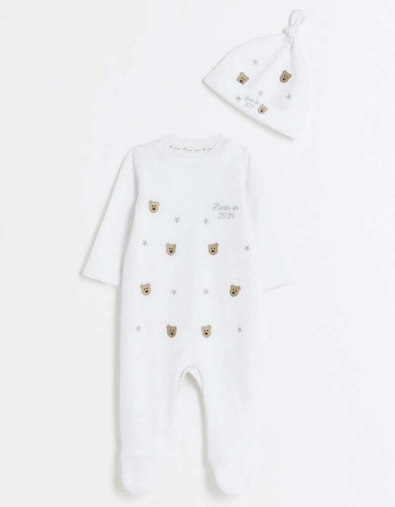 Unisex Embroidered Bear Sleepsuit - White
