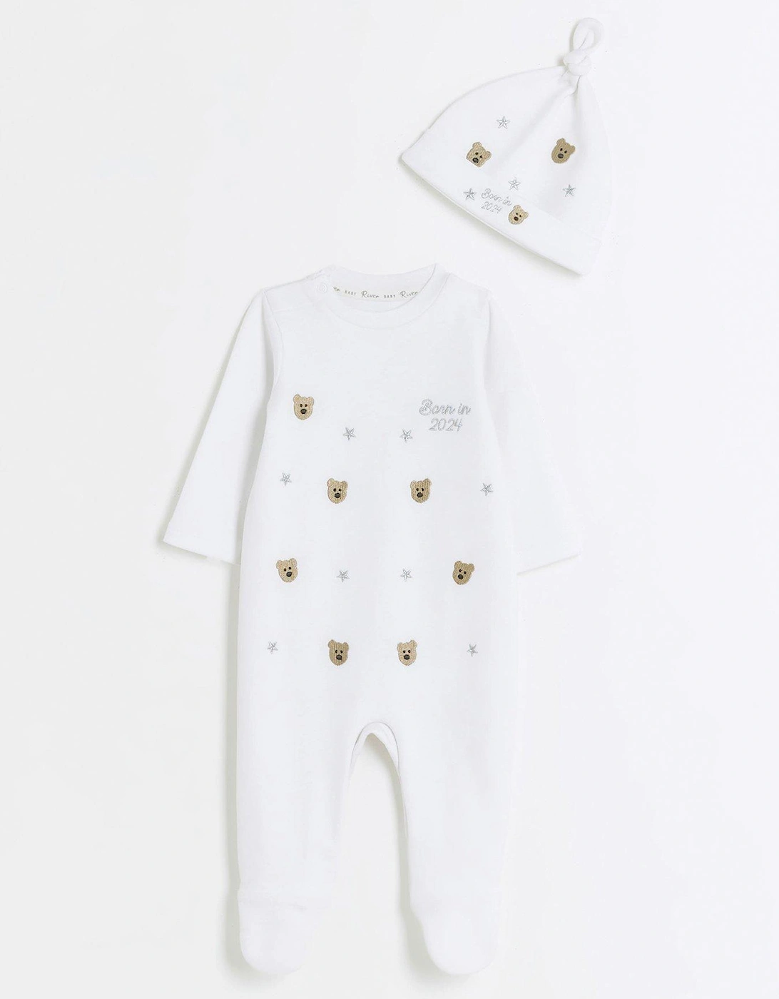 Unisex Embroidered Bear Sleepsuit - White, 5 of 4