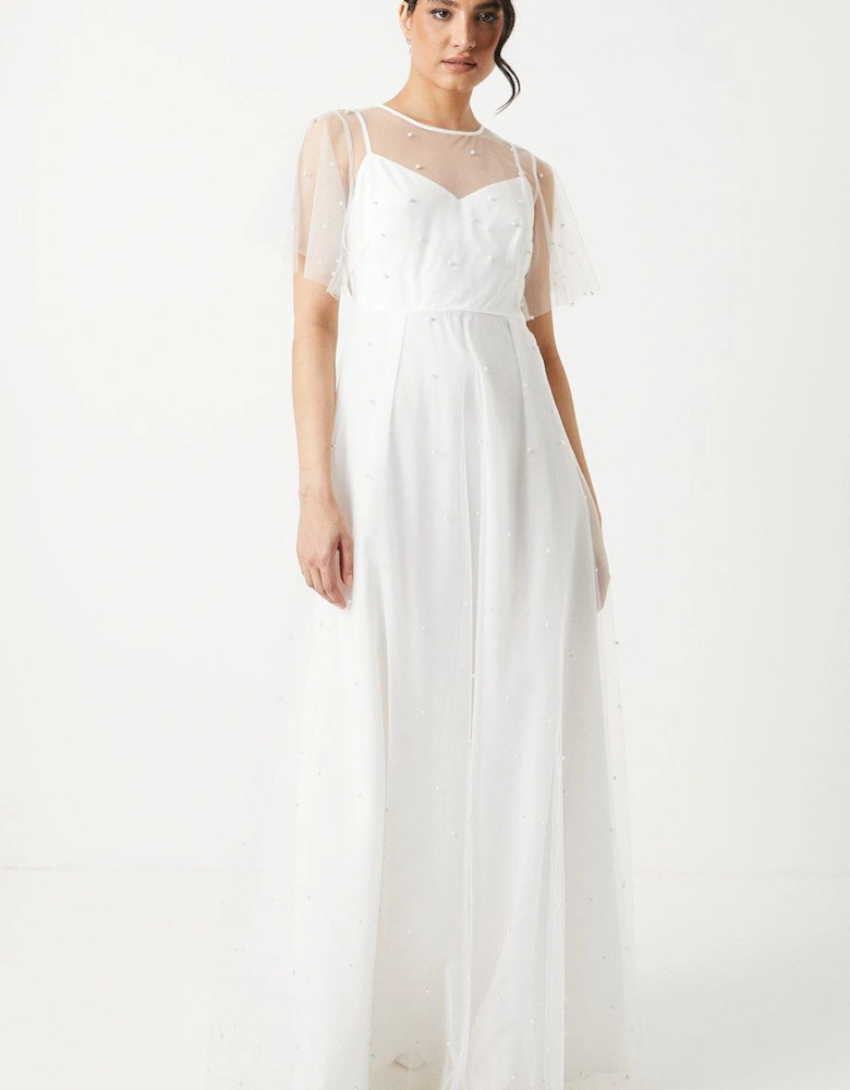 Pearl Embellished Mesh Wedding Dress