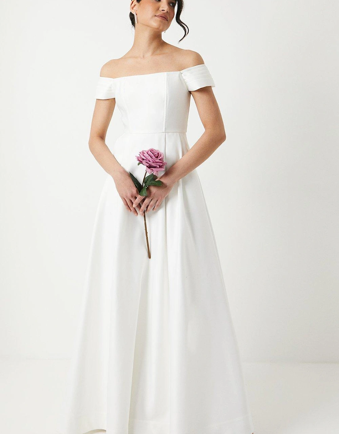 Structured Satin Bardot Full Skirted Wedding Dress, 6 of 5