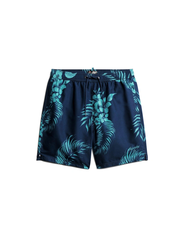 Hawaiian Print 17" Swim Shorts - Navy