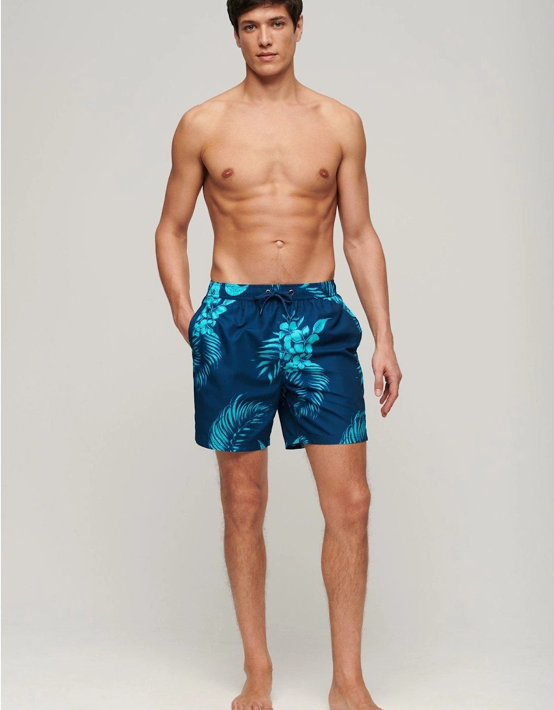 Hawaiian Print 17" Swim Shorts - Navy