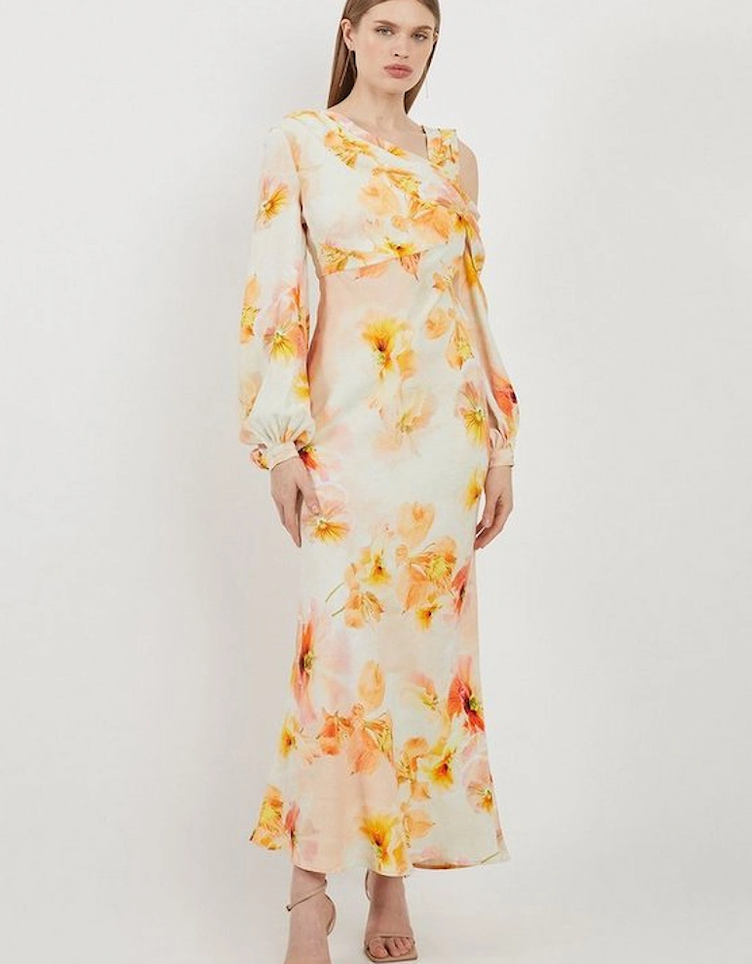 Delicate Floral Satin Cold Shoulder Draped Midi Dress, 5 of 4