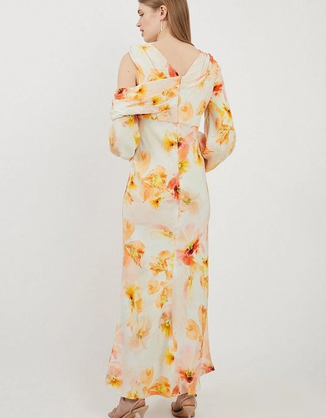 Delicate Floral Satin Cold Shoulder Draped Midi Dress