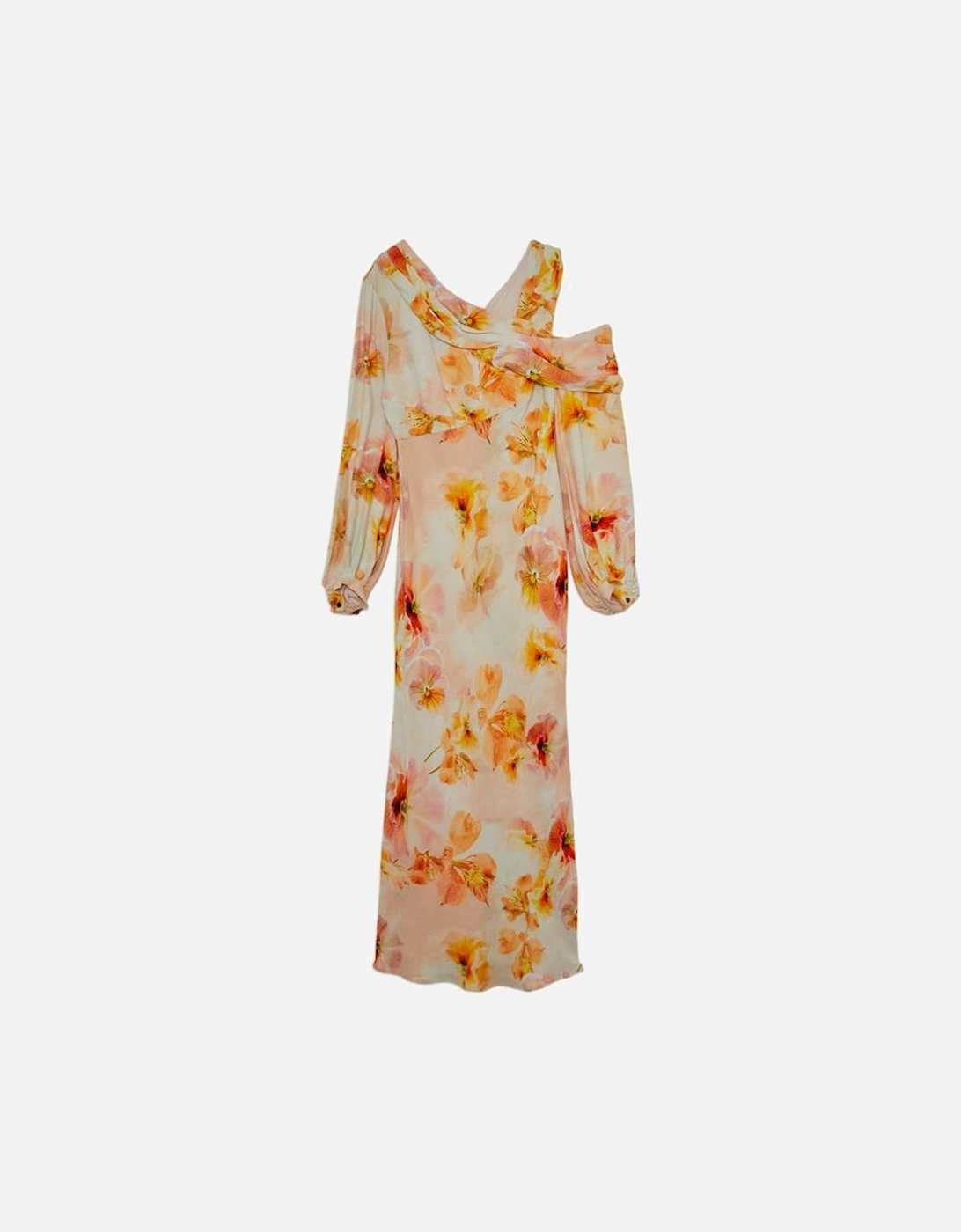 Delicate Floral Satin Cold Shoulder Draped Midi Dress