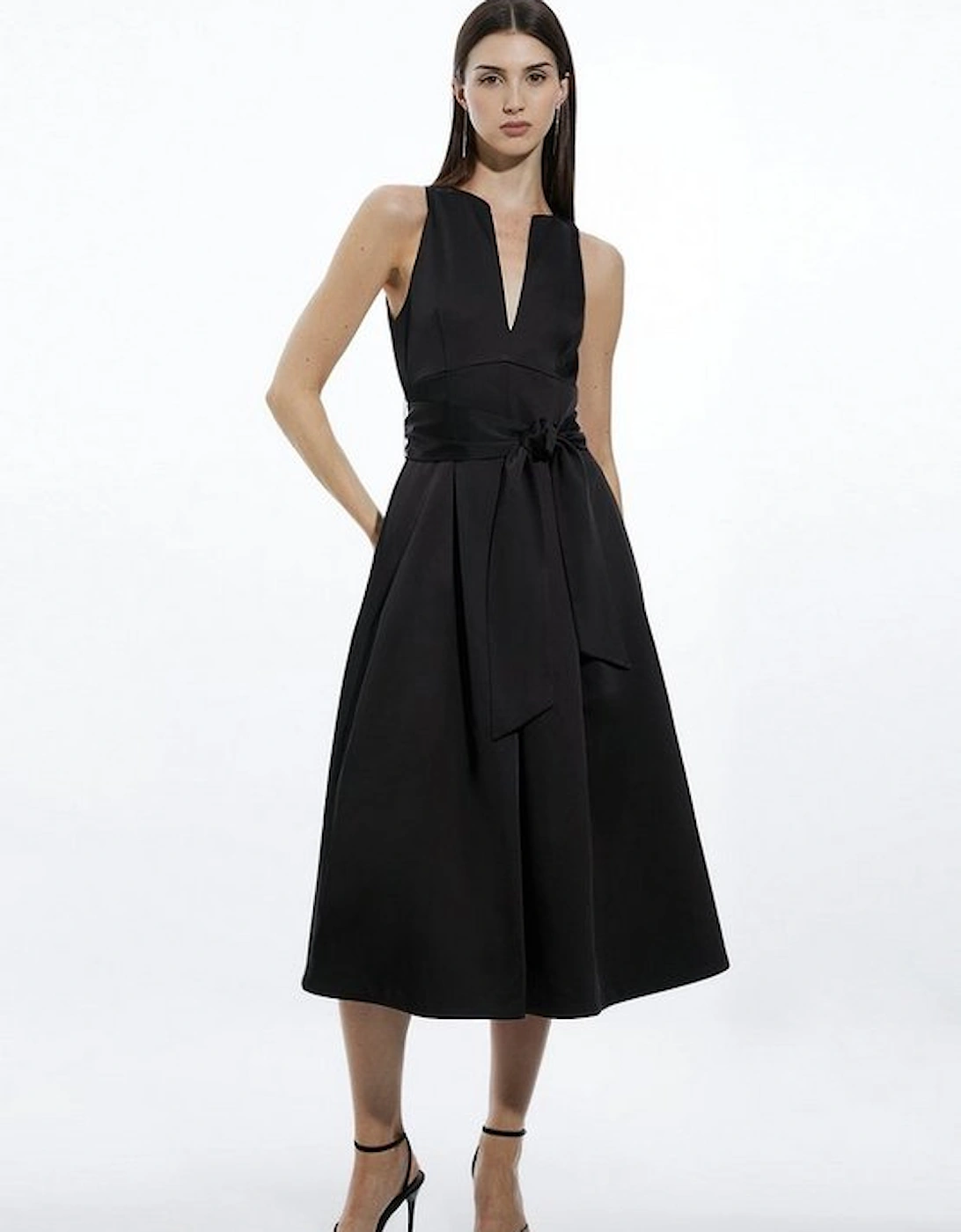 Tailored Satin Bow Detail Full Skirted Midi Dress, 4 of 3