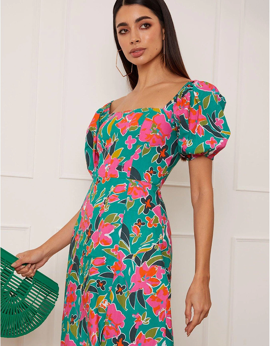 Square Neck Floral Maxi Dress In Green