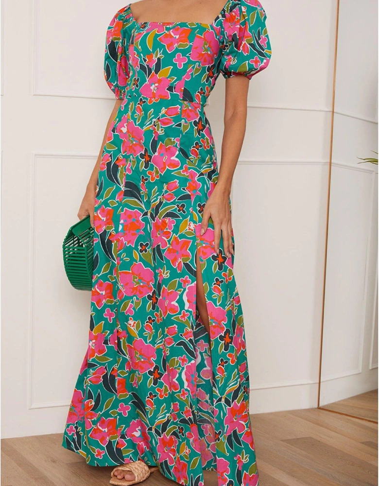 Square Neck Floral Maxi Dress In Green