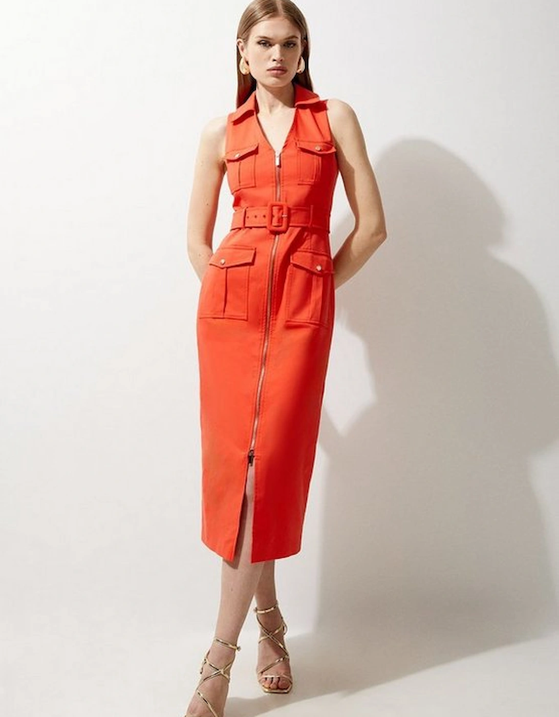 Tailored Cotton Belted Cargo Pocket Midi Shirt Dress, 4 of 3