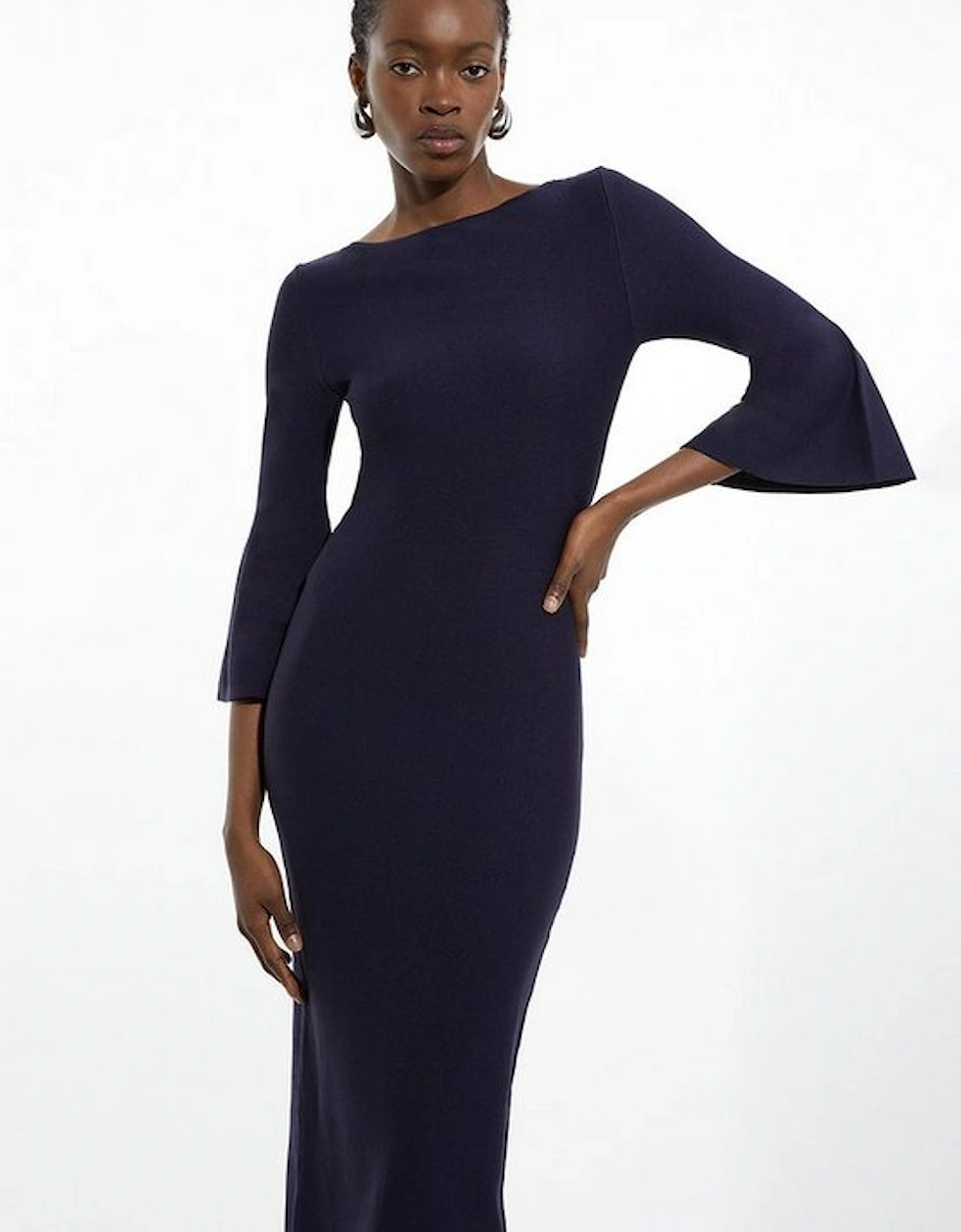 Viscose Blend Look Knit Midi Dress With Fluted Sleeve, 4 of 3